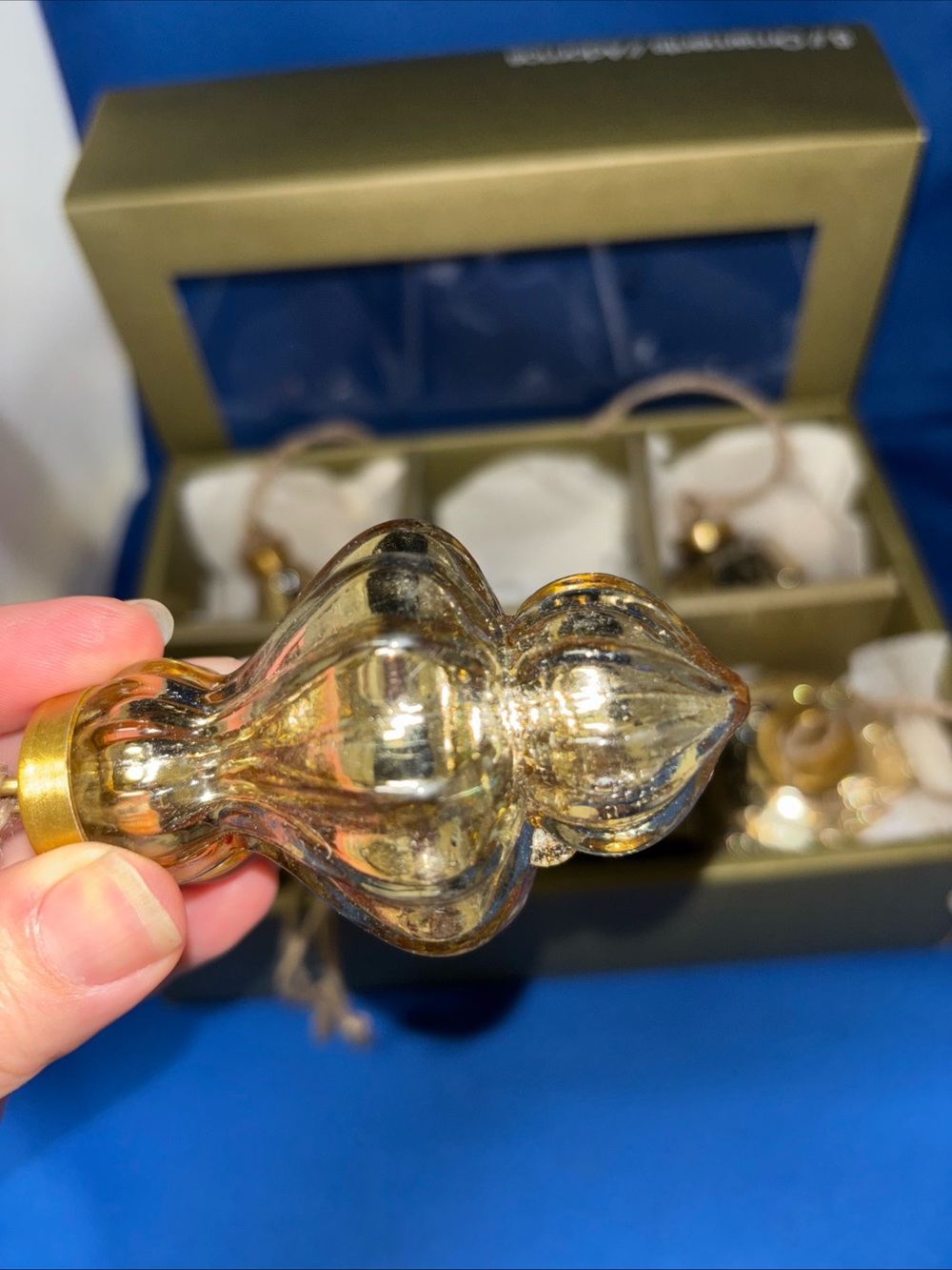 Crate&Barrel Gold Tone Mercury Glass Christmas Ornaments, Boxed Set of 6 - Picture 7 of 9